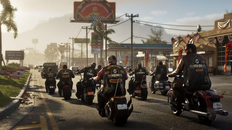 A group of bikers in Final Chapter MC vests ride motorcycles along a sunlit road in Ambrosia, past a petrol station and a billboard.