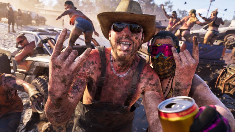 A muddy bearded man in a cowboy hat and sunglasses sticks his tongue out beside a masked woman at a lively off-road mud party in Ambrosia.