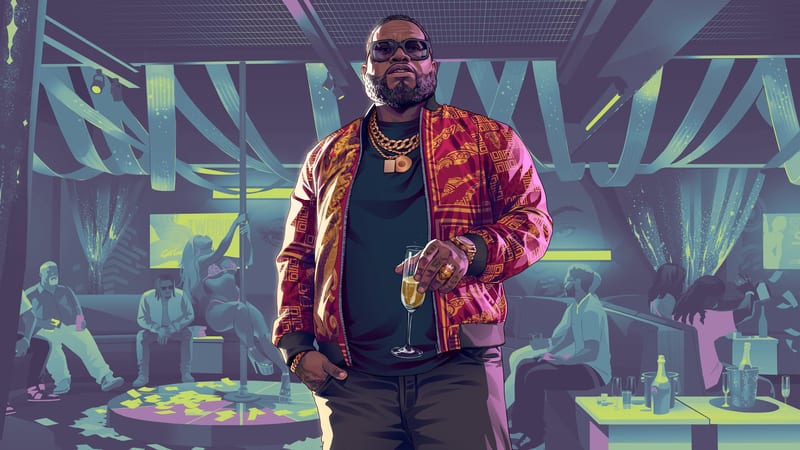 Boobie Ike, a bearded man in sunglasses and a red and gold jacket, holds a champagne flute in a strip club with a dancer and seated patrons behind him.