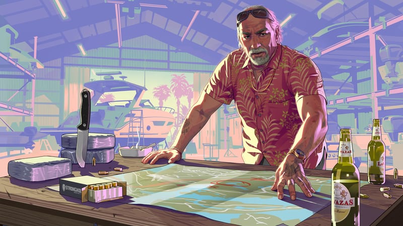 Brian Heder, a grey-bearded man in a red palm-leaf shirt, leans over a map on a table in a boat storage warehouse.