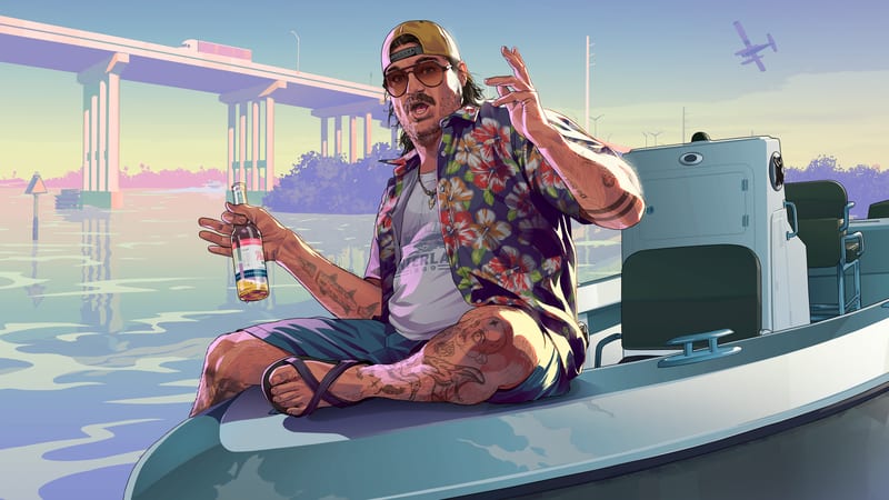 Cal Hampton sits cross-legged on the bow of a boat, holding a bottle and gesturing, with a large road bridge and a seaplane behind him.