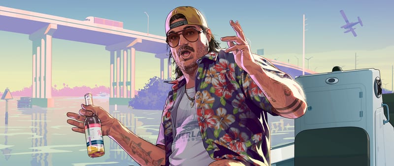 Cal Hampton, a bearded man in a backwards cap and floral shirt, holds a bottle on a boat beside a long bridge over calm water.