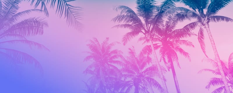 Tall palm trees seen from below against a pink and purple gradient sky, tinted blue at the bottom left and teal at the top right.