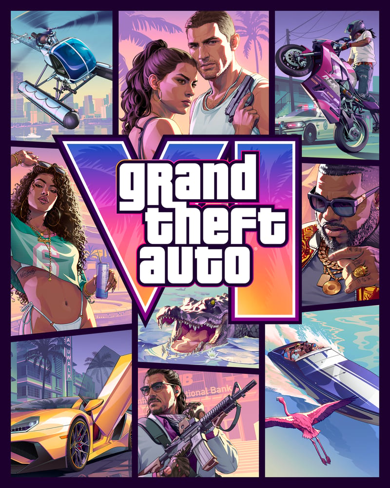 Grand Theft Auto VI cover art: a collage of illustrated panels around a large logo, showing a couple, a helicopter, a motorbike, a car, a boat, an alligator and a flamingo.