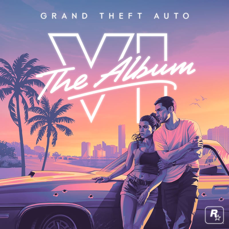 A man holds a woman as they lean on a bullet-holed yellow car at sunset, beneath the title "Grand Theft Auto VI The Album".