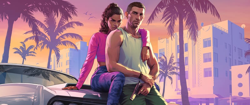 Lucia Caminos and Jason Duval sit on the bonnet of a pale car at sunset, with palm trees and art deco hotels behind them.