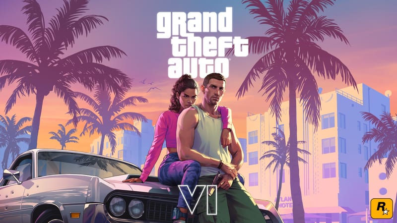 Lucia Caminos and Jason Duval pose on the bonnet of a silver car beneath palm trees, with pastel hotel buildings behind them at sunset.