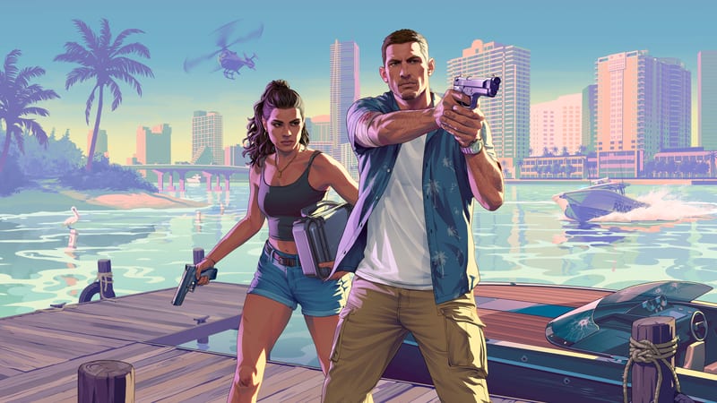 Jason Duval aims a pistol while Lucia Caminos holds a gun and a case on a wooden jetty, with a police boat and helicopter behind and a city skyline beyond.