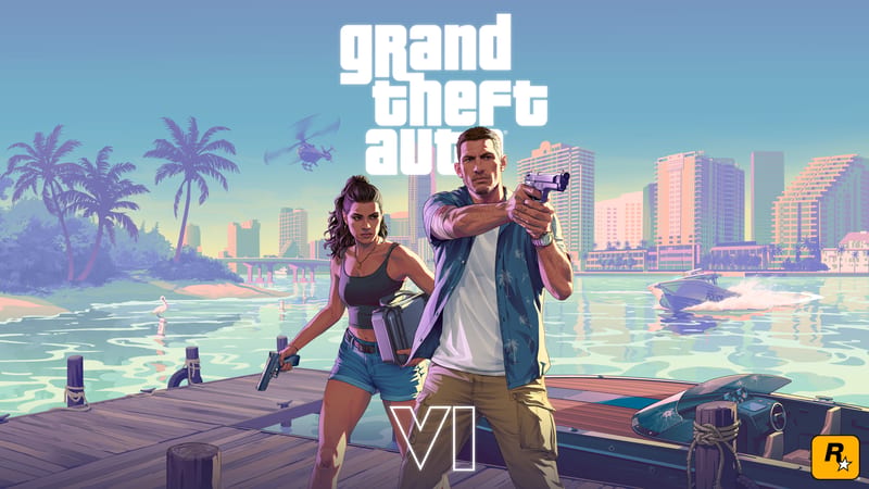 Jason Duval aims a pistol while Lucia Caminos stands behind him holding a gun and a case on a wooden jetty, with a city skyline across the water.
