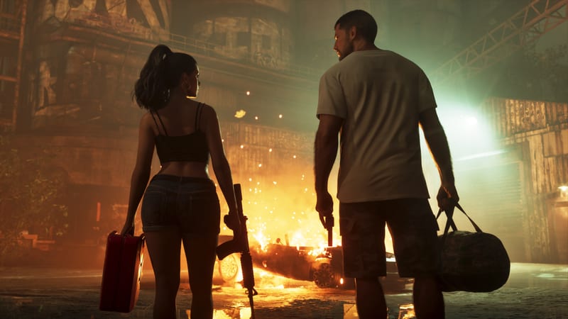 Lucia Caminos and Jason Duval stand with their backs to us, armed and carrying bags, facing a burning car in a derelict industrial yard at night.