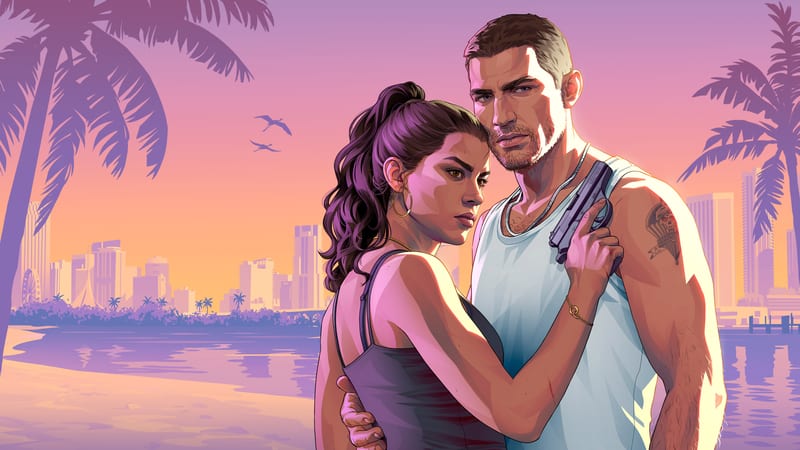 Lucia Caminos and Jason Duval stand close together, Lucia holding a pistol, with palm trees, a bay and a city skyline behind them at sunset.