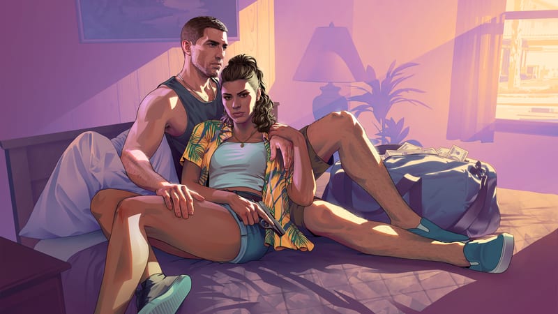 Jason Duval and Lucia Caminos sit close together on a motel bed, Lucia holding a handgun, with a bag of cash beside them in warm purple light.