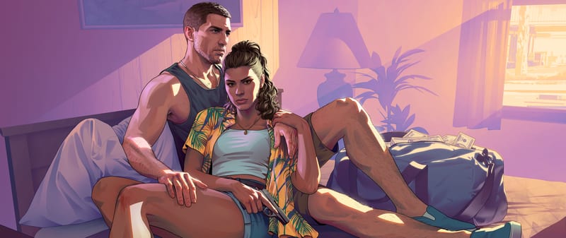 Jason Duval and Lucia Caminos sit close together on a motel room floor in warm evening light, Lucia holding a handgun beside a bag of cash.