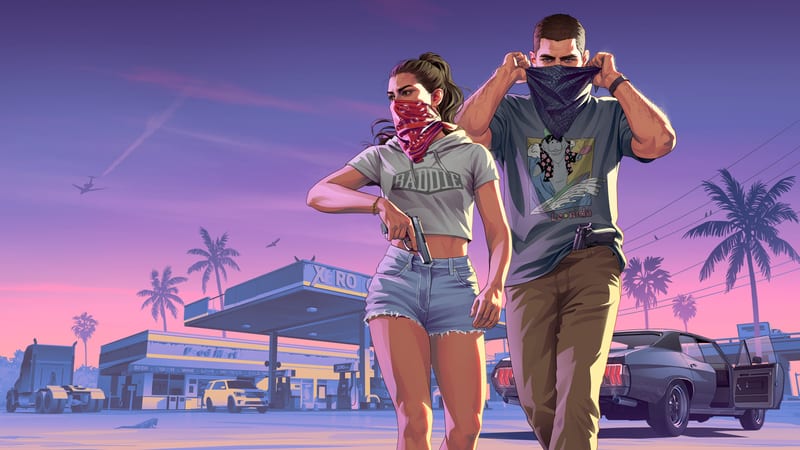 Lucia Caminos draws a pistol while Jason Duval pulls up a bandana over his face, in front of a Xero petrol station at dusk.