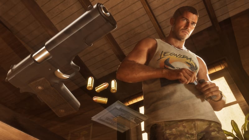 Jason Duval, in a sleeveless Leonida top and camouflage trousers, loads a magazine in a wood-beamed room, with a pistol, bullets and cash floating nearby.