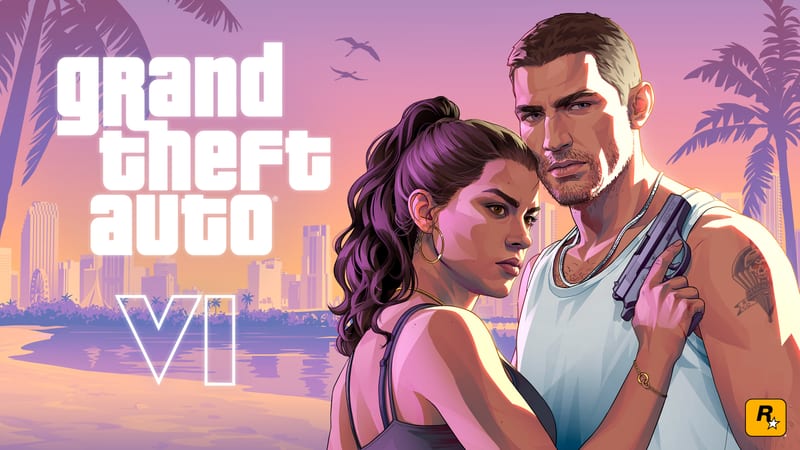 Jason Duval holds a pistol while Lucia Caminos leans against him, with a beach, city skyline and Grand Theft Auto VI logo behind them at sunset.