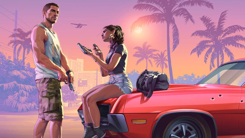 Jason Duval stands holding a pistol while Lucia Caminos sits on the bonnet of a red car checking a handgun, with palm trees and a pink sunset behind.
