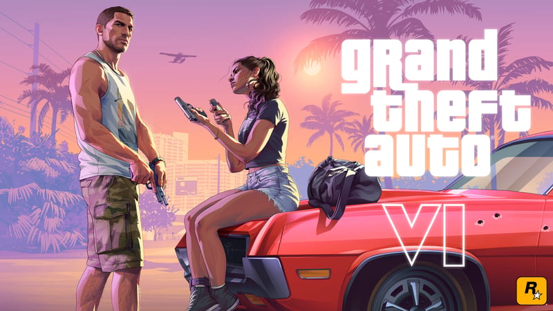 Jason Duval stands holding a pistol while Lucia Caminos sits on the bonnet of a red car checking a magazine, under a pink sunset sky with palm trees.