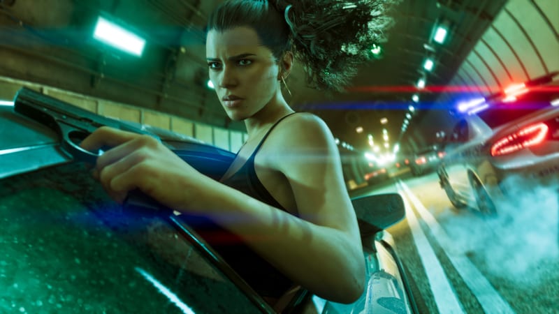 Lucia Caminos leans out of a car window holding a pistol, with a police car chasing her through a tunnel at night.
