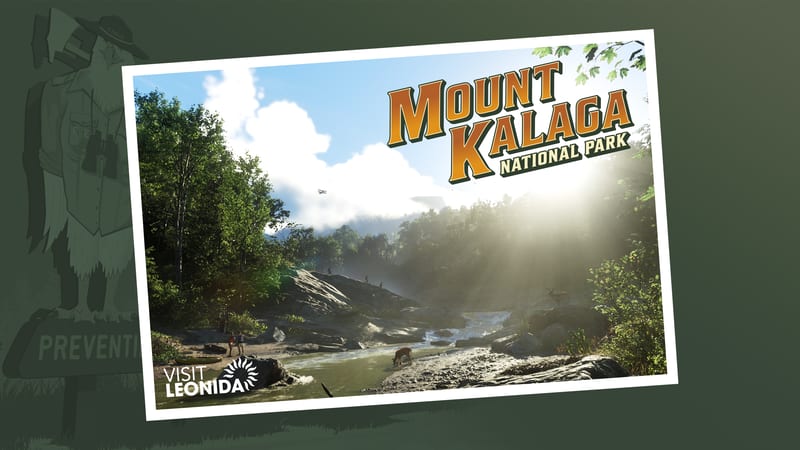 A postcard of Mount Kalaga National Park shows a sunlit rocky river with deer, walkers and a small biplane, under the title text and a Visit Leonida logo.