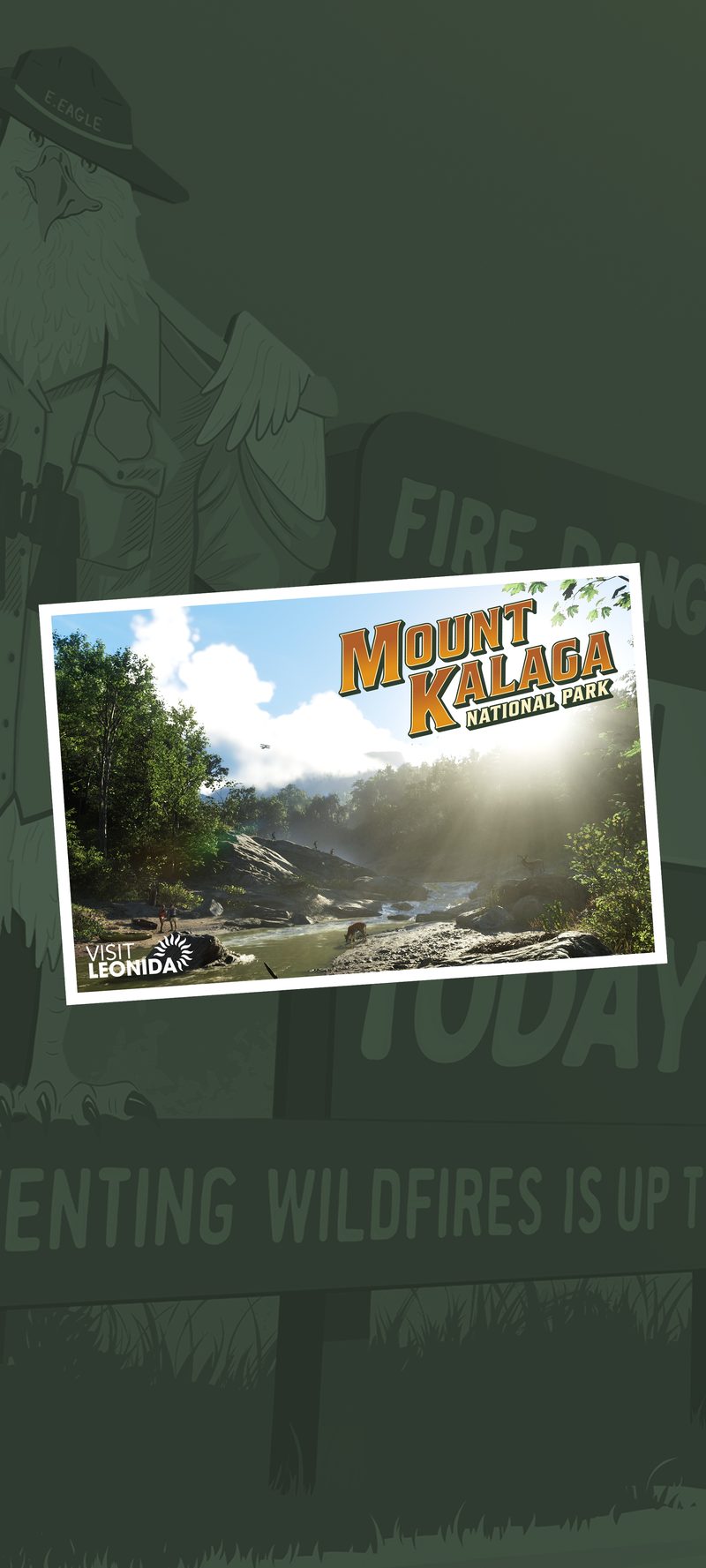 A tilted postcard of a sunlit river in Mount Kalaga National Park, over a green backdrop of a ranger eagle in a hat and a wildfire warning sign.
