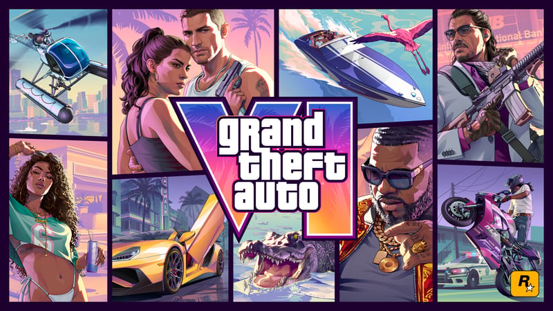 Grand Theft Auto VI cover art: a collage of illustrated panels of a couple, a speedboat, a helicopter, an alligator, a yellow supercar and a stunt biker.