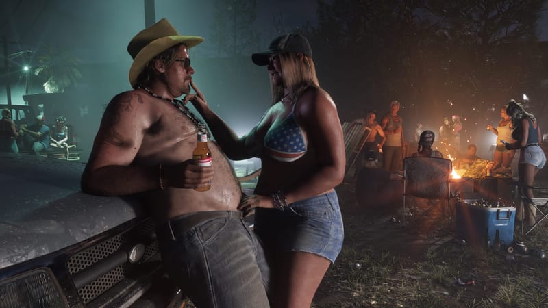 A shirtless man in a straw cowboy hat leans on a truck holding a beer while a woman in a stars-and-stripes bikini top touches his chin, at a night-time party.