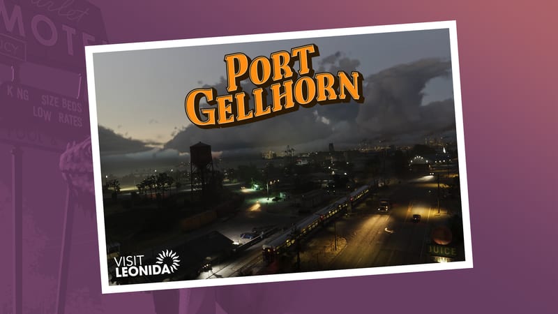 A postcard of Port Gellhorn at dusk, showing a train passing a water tower and a lit road under dark storm clouds, with a distant harbour.