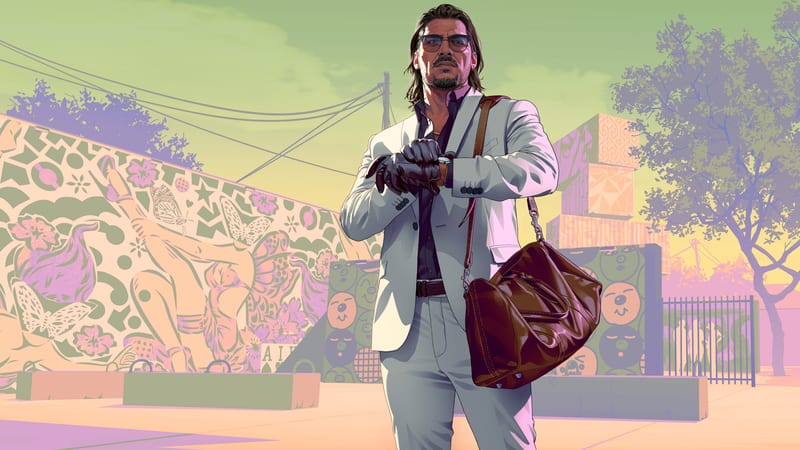 Raul Bautista, in a pale suit and dark gloves, checks his wristwatch while carrying a brown leather holdall in front of a colourful mural.