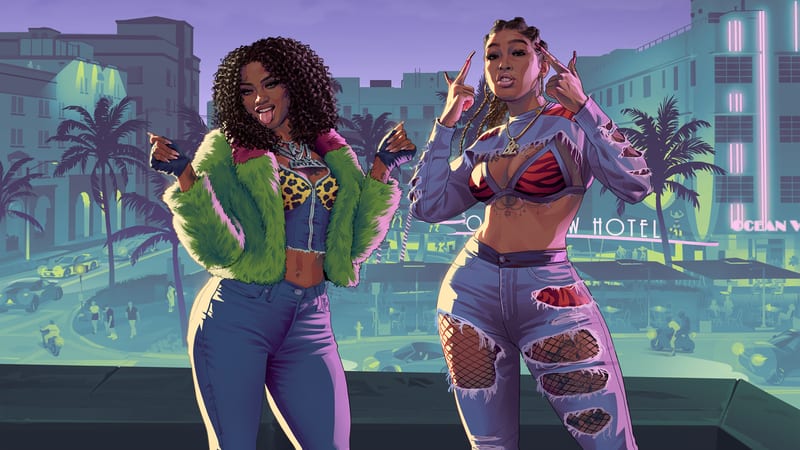 Two women pose in front of the Ocean View Hotel and a palm-lined street at dusk, one in a green fur jacket, the other in ripped jeans.