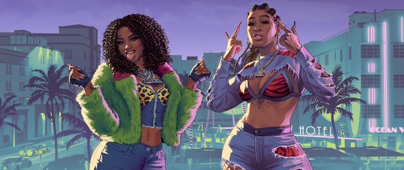 Two women pose in front of a neon-lit seafront street with palm trees and an Art Deco hotel, one in a green fur jacket, the other in a ripped denim top.