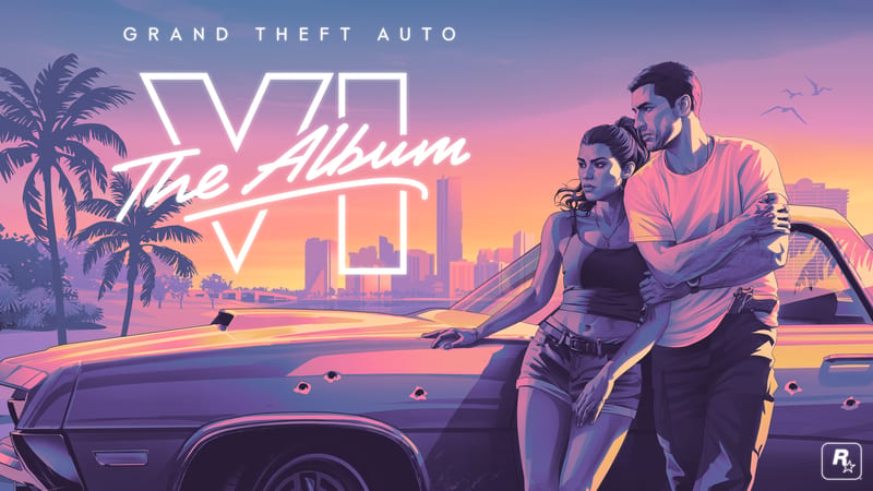 A man in a pale t-shirt embraces a woman in a dark top and shorts as they lean on a bullet-holed car, with a city skyline at sunset behind.