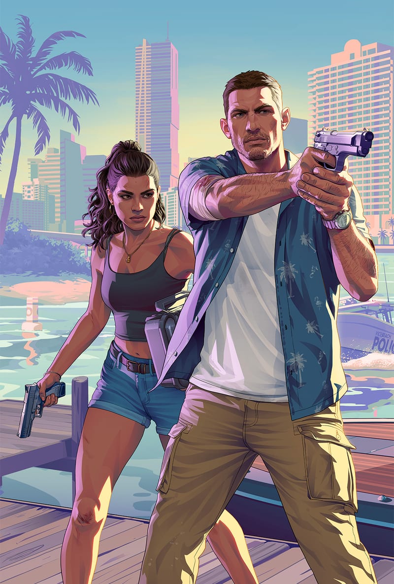Jason Duval aims a pistol while Lucia Caminos stands behind him holding a gun, on a wooden pier by a waterfront city skyline.