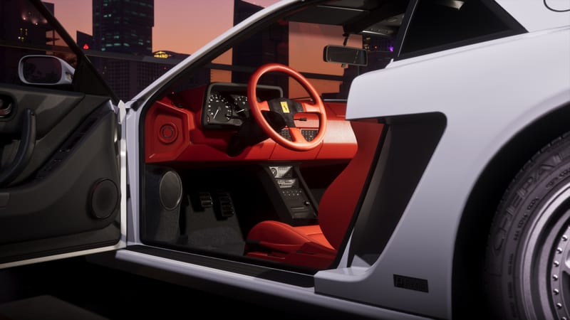 Open door of a white '95 Grotti Cheetah showing its red leather interior and steering wheel, with city skyscrapers silhouetted at dusk behind.