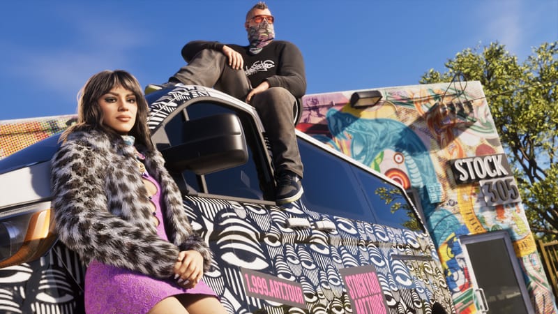 A woman in a leopard-print fur jacket leans on a patterned van while a masked man sits on its roof outside the Stock 305 mural-covered building.