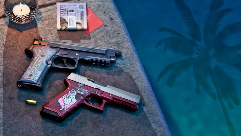 A Girardi ES9 pistol and a red Klose K17 pistol lie on a stone pool edge beside a candle, folded cash and a palm tree reflected in the water.