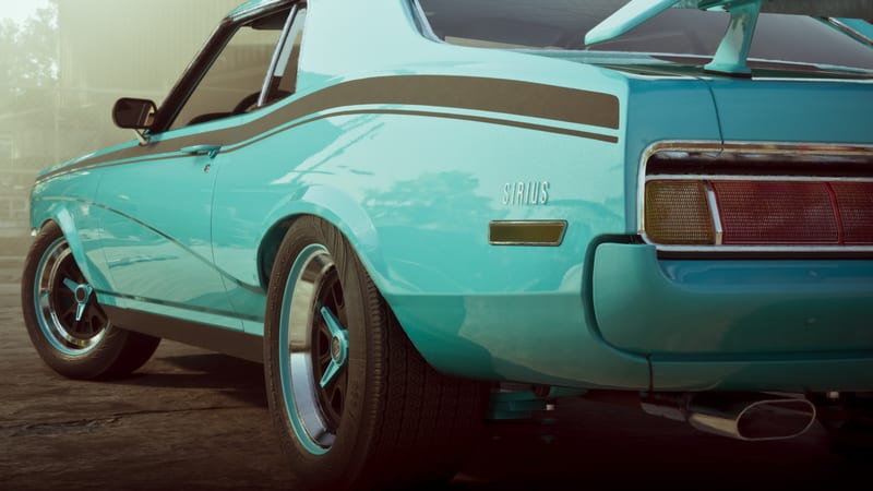 Rear three-quarter view of a turquoise Sirius coupé with dark stripes, a rear spoiler and chrome wheels, parked on cracked ground in hazy light.