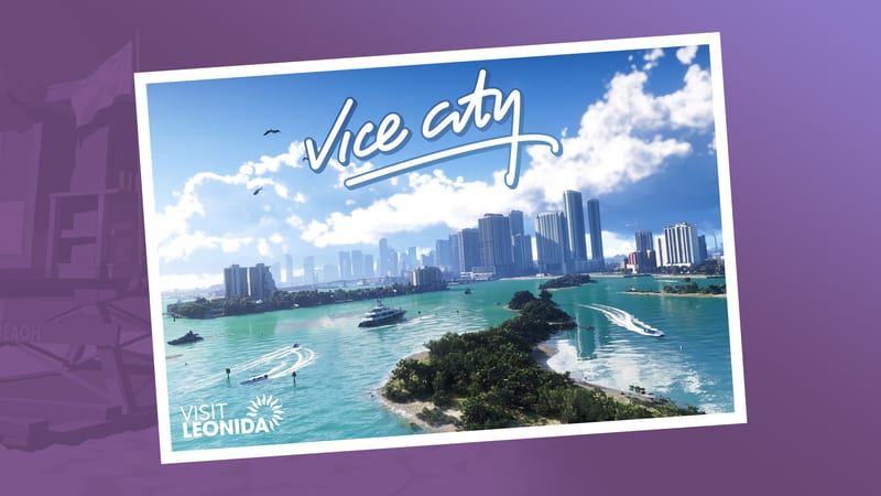 A tilted postcard of the Vice City skyline across turquoise bays, with yachts, speedboats and a wooded island, reading "Visit Leonida".