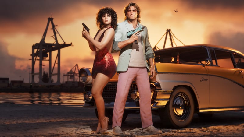 Lucia Caminos and Jason Duval stand holding guns in front of a yellow '55 Vapid Stanier on a beach, with port cranes behind at sunset.
