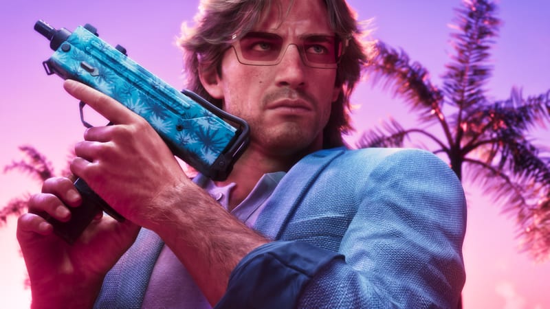 Jason Duval, in tinted glasses and a blue jacket, holds a teal palm-print submachine gun beside his shoulder against a pink and purple sky with palm trees.