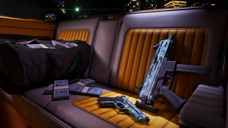 A blue patterned pistol and submachine gun lie on a tan leather back seat beside a black holdall and stacks of banknotes, with city lights behind at night.