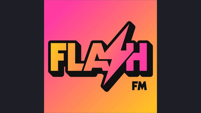 Flash FM logo: chunky black-outlined letters with a lightning bolt as the S, on a pink-to-orange-yellow gradient square.